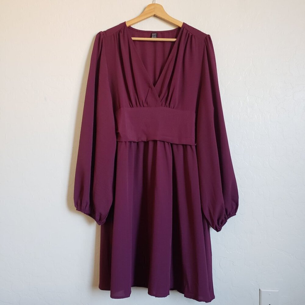 Shein Surplice Neck Lantern Sleeve A-Line Dress Ruched Flowy Wine Sz Women's 14